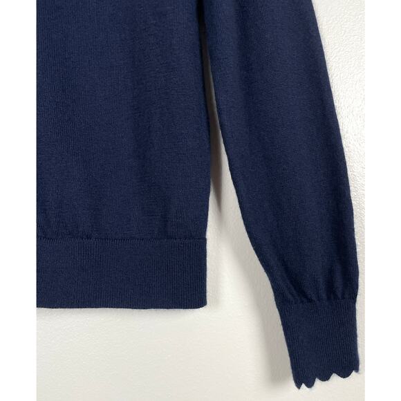 Boden Merino Wool Scallop Trim Cardigan Navy Blue Size 10 Button Front V-Neck - Picture 10 of 13